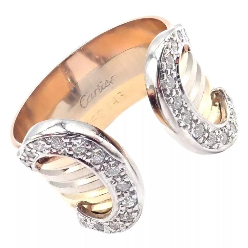 Authentic! Cartier Diamond Double C 18k Tri-Color Gold Band Ring Size 53 US 6.25